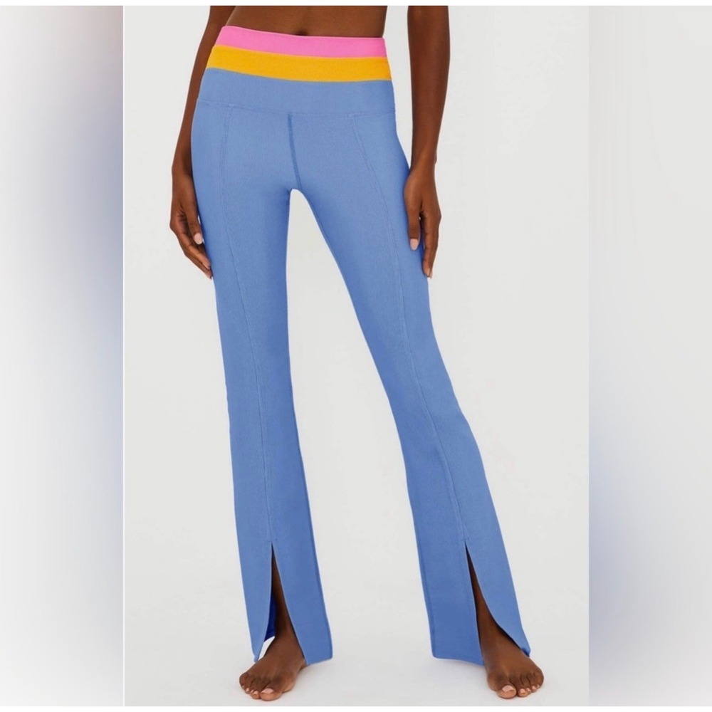 Beach Riot Sport Ribbed Colorblock Leggings Blue Pink Orange Large Split Hem